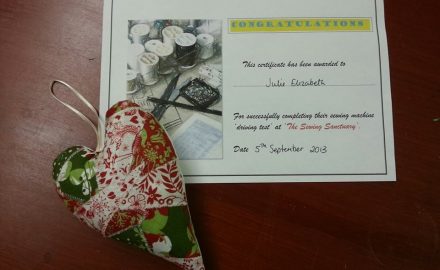 A sewing machine driving certificate and completed patchwork heart – well done Julie!